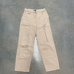 PrettyLittleThing Cream Distressed Straight Leg Jeans